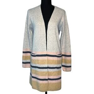 Fortune & Ivy Striped Cardigan w/ Pockets Light Gray Pink Muted Yellow Sz Small